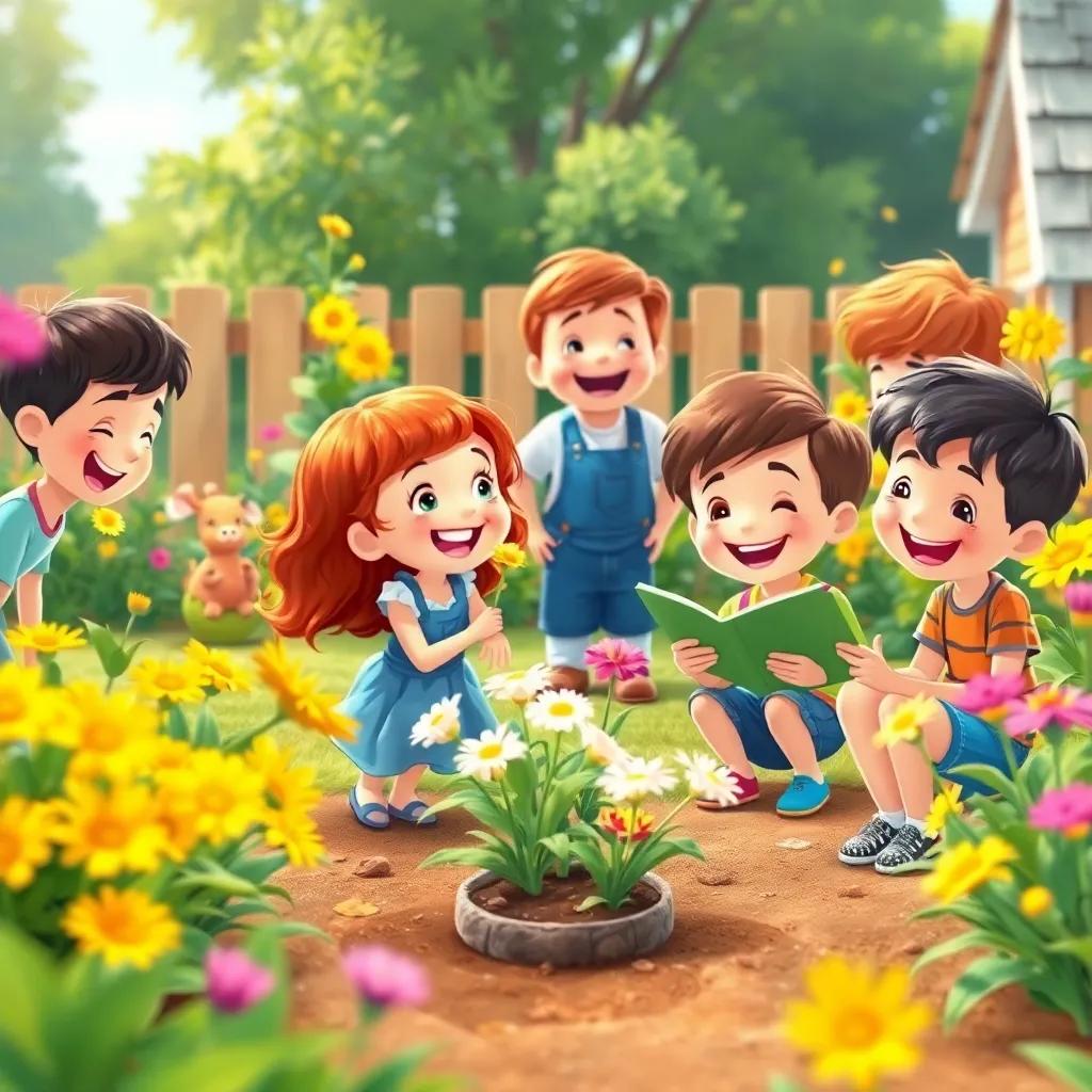 Children happily playing in Glen's garden, picking flowers, laughing and sharing stories, with Glen watching joyfully, bright colors, lively atmosphere, illustration, child-friendly, cheerful mood