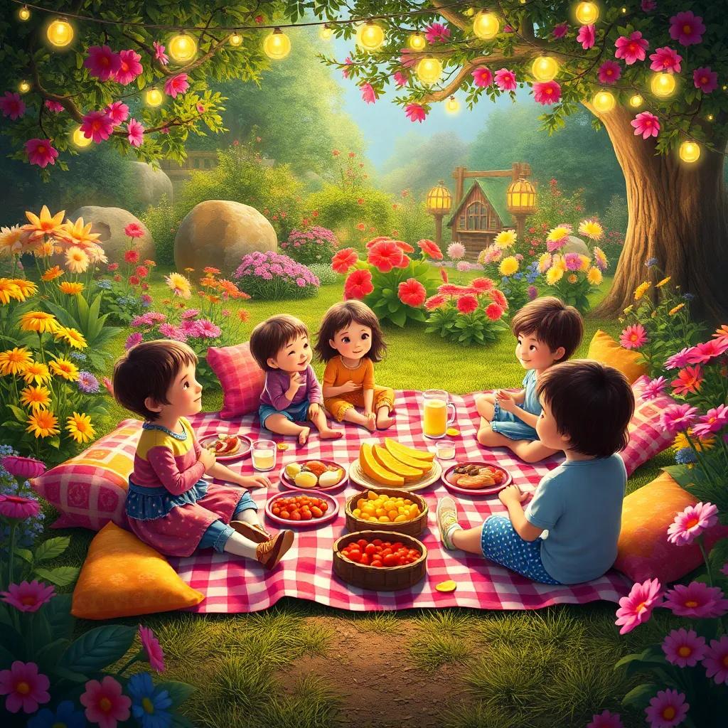 A picnic scene in Glen's garden, with children sitting on picnic blankets, sharing food and snacks, surrounded by colorful flowers and fairy lights, digital painting, vibrant and joyful atmosphere, high quality