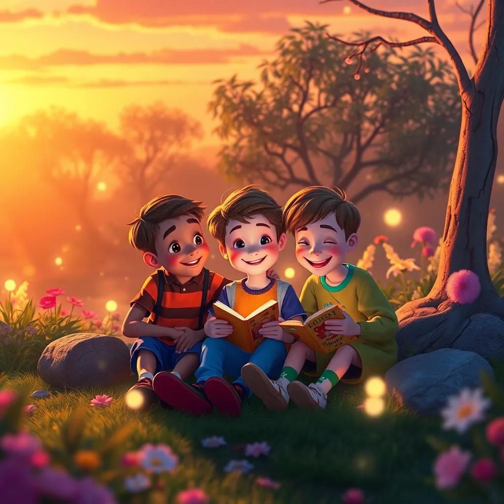 Glen and his friends sitting together at sunset, in the magical garden filled with fairy lights, sharing stories and dreams, showcasing happiness and friendship, illustration, warm colors, inviting atmosphere, high quality