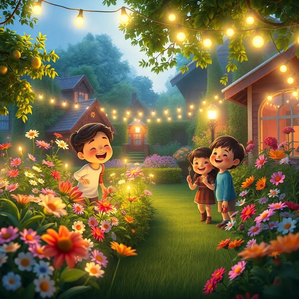 A beautiful garden illuminated by fairy lights, with flowers blooming and children laughing, representing a community filled with kindness and love, digital art, enchanting and vibrant, high quality
