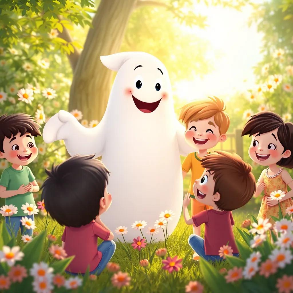 Glen the friendly ghost surrounded by smiling children in the garden, celebrating their friendship, with flowers and sunlight creating a magical atmosphere, illustration, charming and uplifting, high quality
