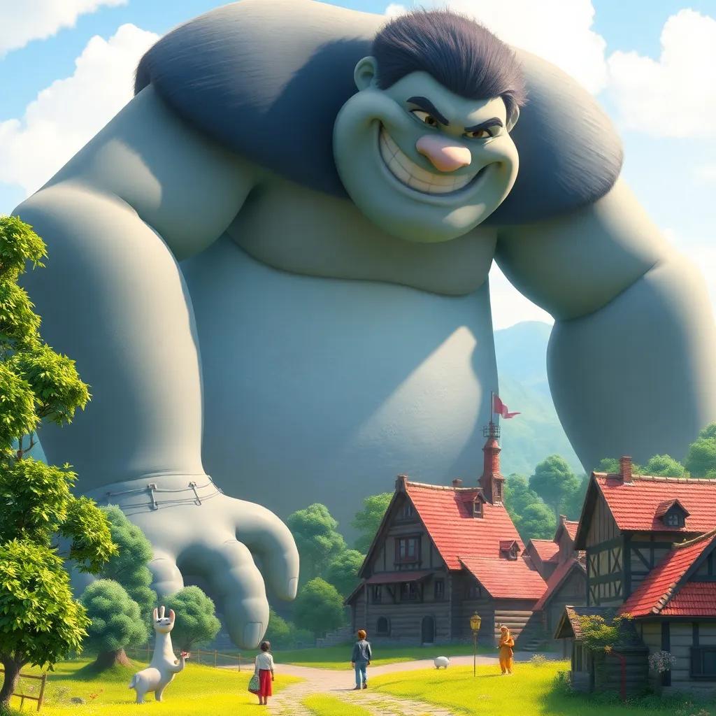A gentle giant named George, towering over a small village, smiling warmly at the villagers, lush green landscape, cheerful atmosphere, sunny day, digital art, vibrant colors, heartwarming scene, high quality