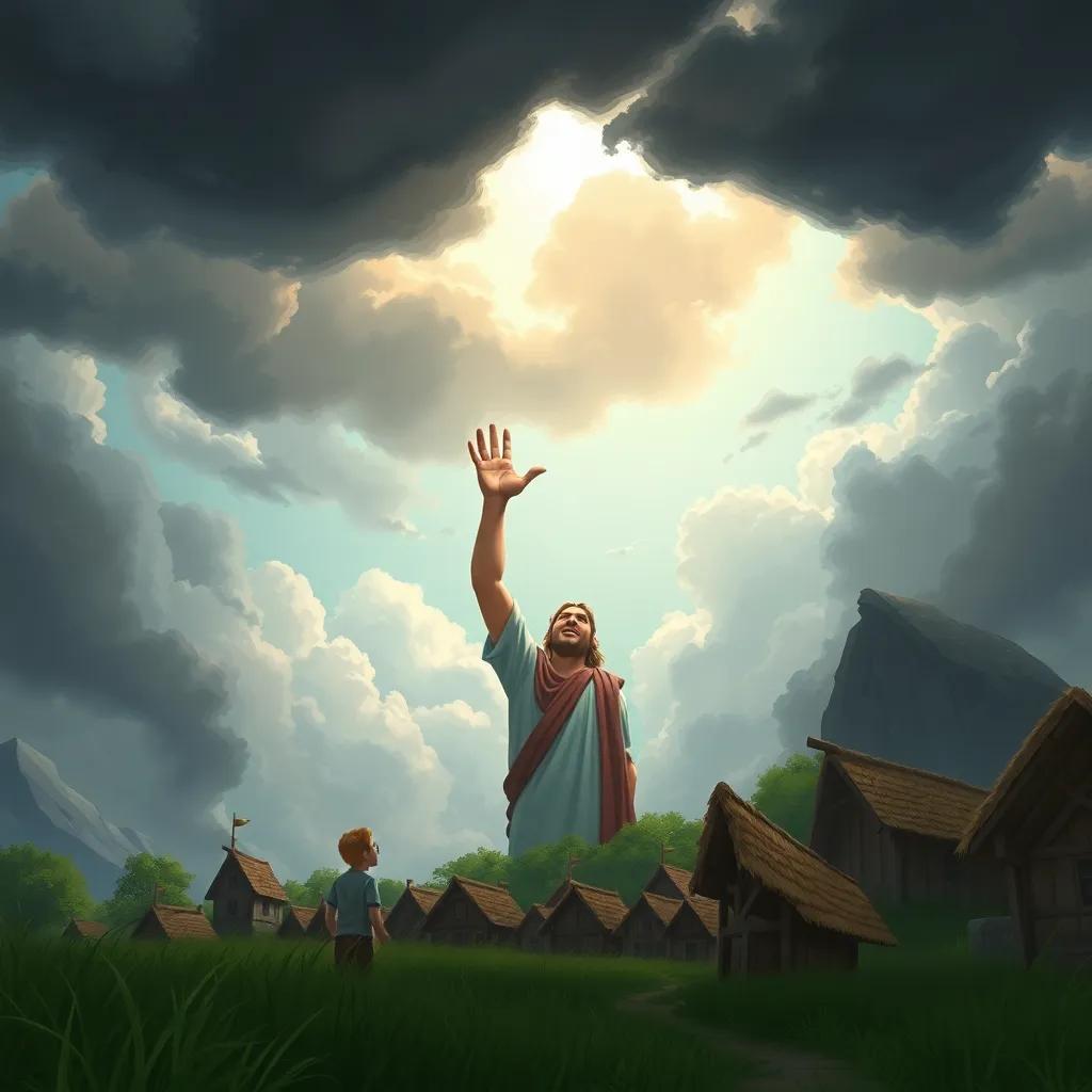 George the giant lifting his giant hands to the sky while dark clouds gather, villagers below looking up in amazement, dramatic sky, hopeful mood, detailed illustration, dynamic lighting, high quality