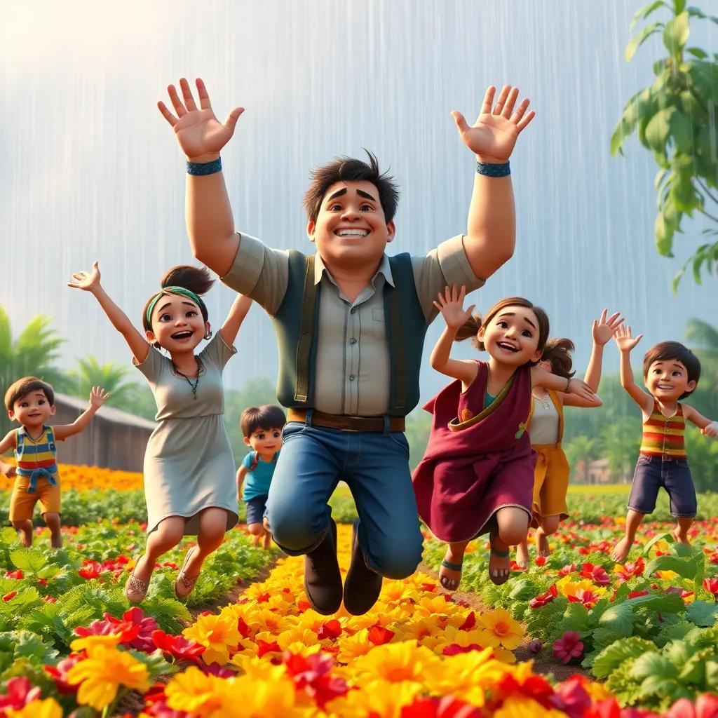Villagers jumping with joy as rain falls, strong yet gentle George in the background smiling, colorful vegetable fields, happy faces, celebration scene, bright colors, dynamic composition, high quality
