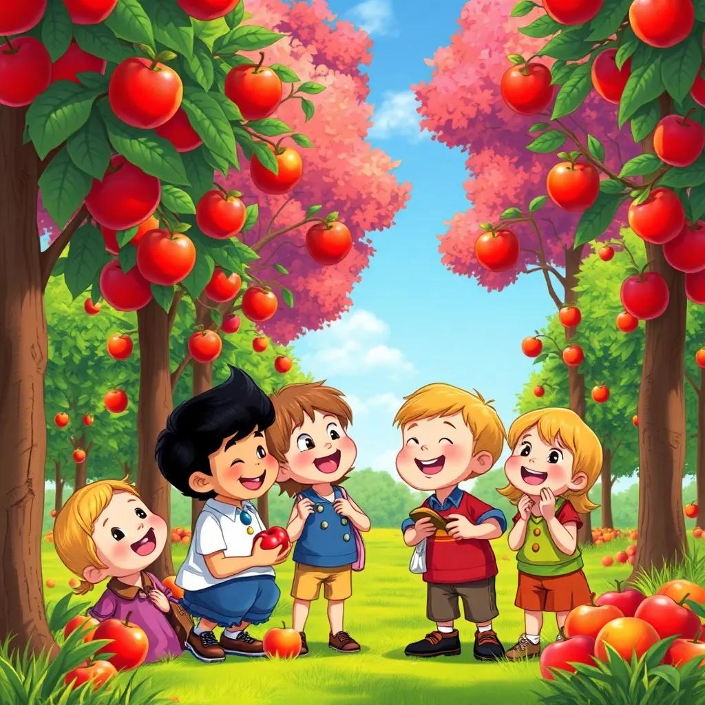 Children laughing as George gently picks apples from tall trees, delighted expressions, vibrant orchard, colorful trees, playful scene, cartoon-style illustration, happy atmosphere, high quality