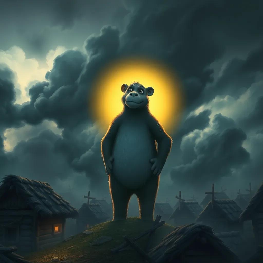 A fierce storm with George standing protectively over villagers, background of swirling winds and dark clouds, warm glow around George, comforting presence, dramatic but reassuring, detailed scene, high quality