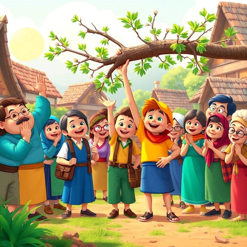 Villagers cheering as George helps clear heavy branches, community working together in village, sunny backdrop, cheerful expressions, collaborative spirit, vibrant colors, lively atmosphere, high quality