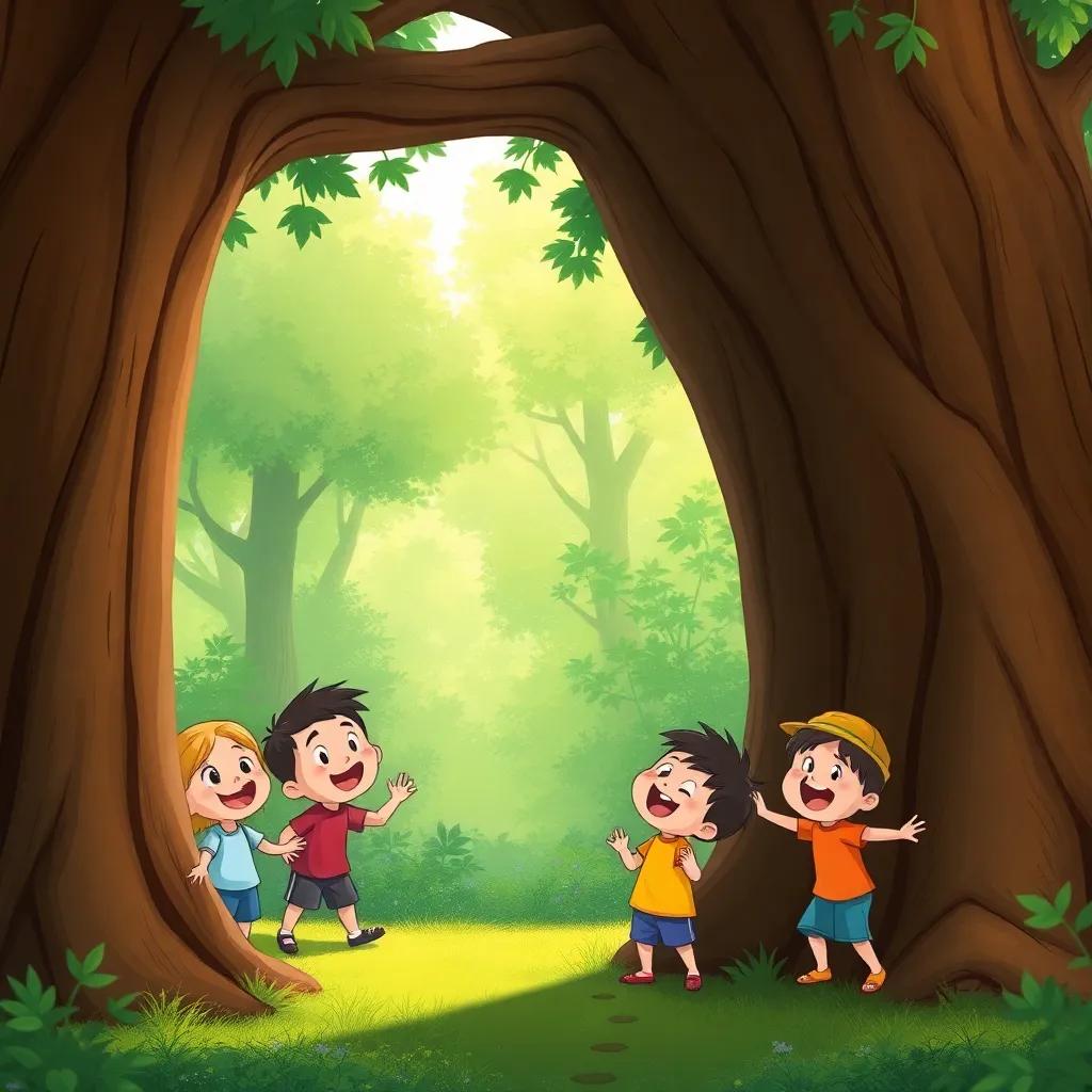 George playing hide-and-seek with children, hiding behind a giant tree, laughter echoes, bright green forest, playful interaction, child-friendly illustration, warm colors, high quality