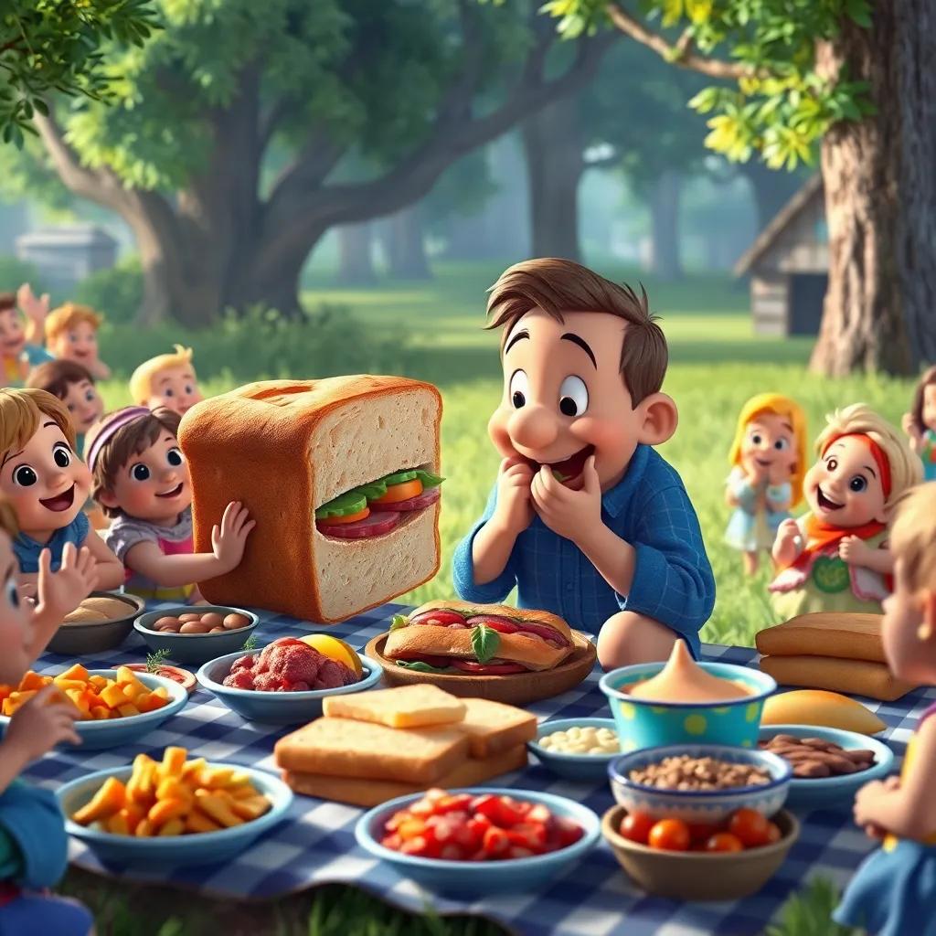 Picnic scene with George munching on giant sandwiches made from loaves of bread, villagers surrounding him with food, joyful atmosphere, colorful spread, inviting scene, digital art, high quality