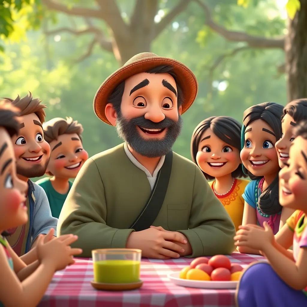 George sharing his secret of kindness with villagers during a picnic, warm smiles all around, lush green background, heartwarming gathering, bright colors, uplifting scene, high quality