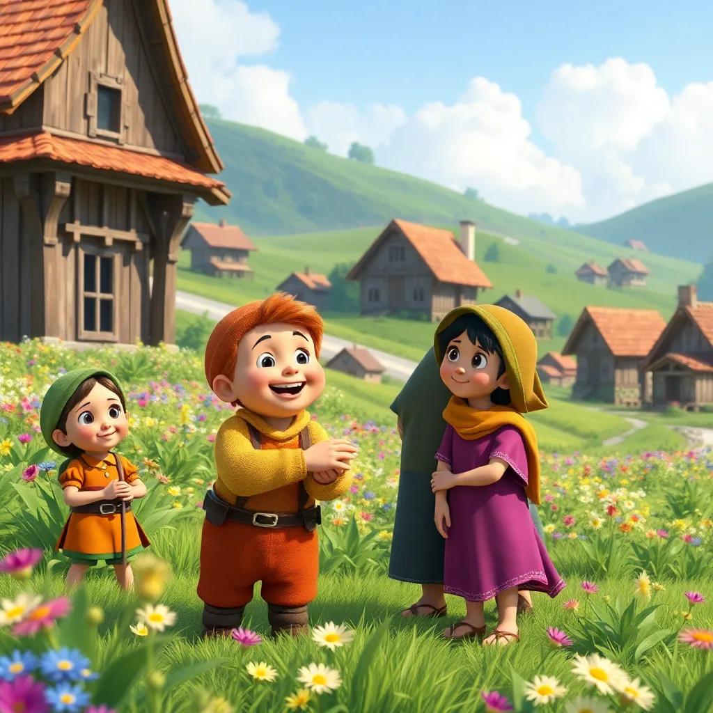George and villagers working together to help each other, with smiles and teamwork visible, village background with flowering fields and houses, harmony and kindness, colorful art, vibrant atmosphere, high quality