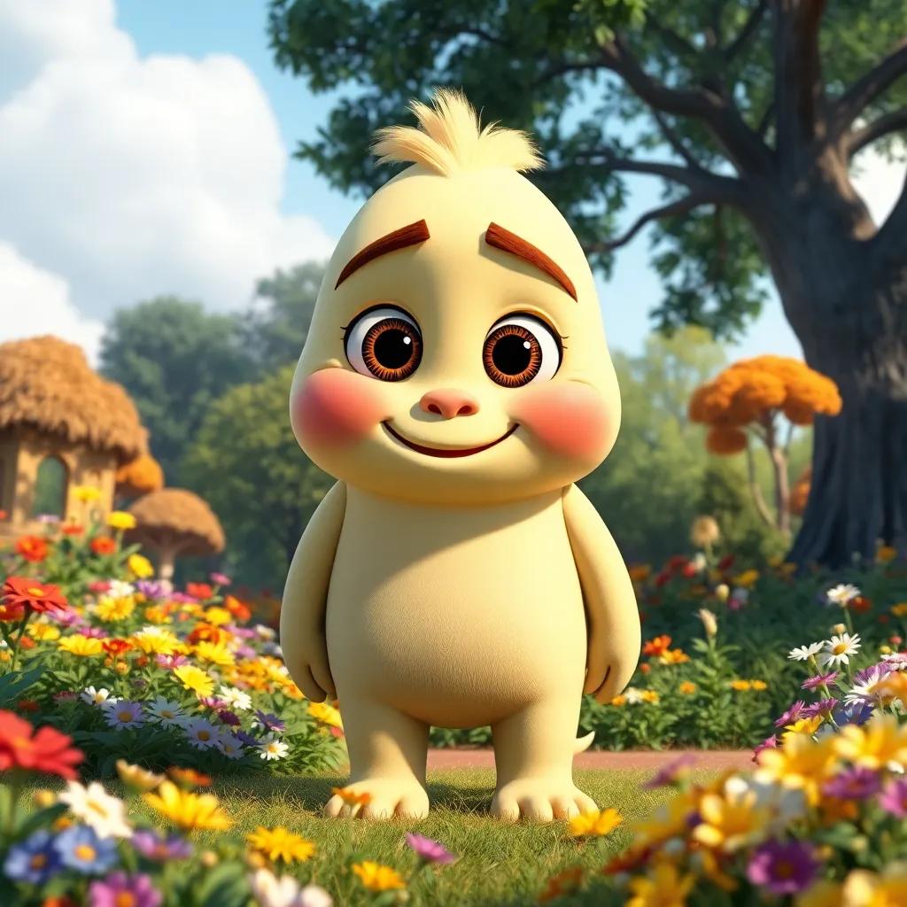 A gentle giant named Gilly, with big brown eyes and a warm smile, standing in a vibrant garden full of colorful flowers and trees, digital art, bright colors, cheerful atmosphere, high quality