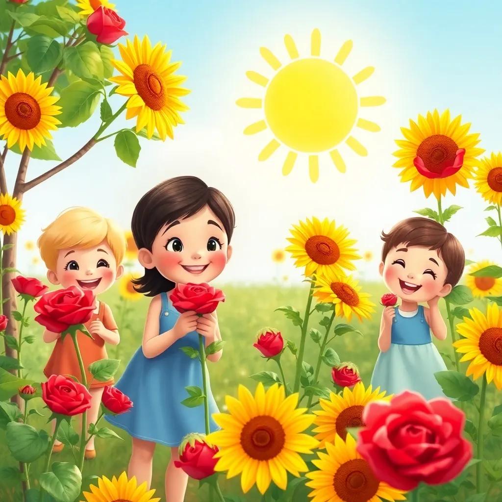 A group of happy children exploring Gilly's garden, picking bright red roses and golden sunflowers under the sun, illustration, joyful expressions, colorful, child-friendly