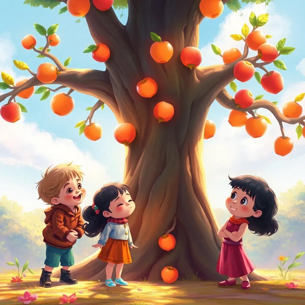 Gilly showing children the special giant tree with shining friendship fruits, smiling and laughing together, detailed digital painting, rich colors, heartwarming scene, high quality