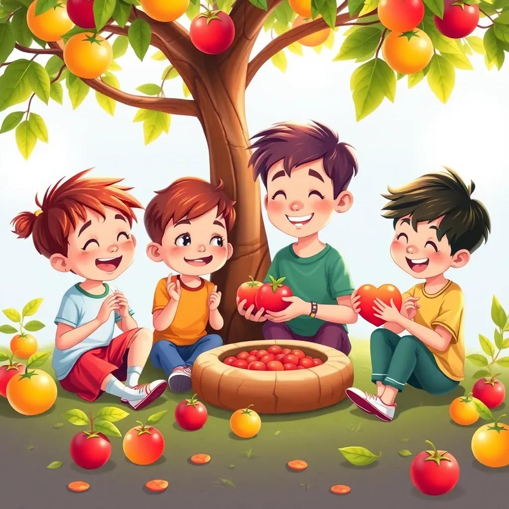 Children sharing friendship fruits and playing games under the tree, making funny faces and telling stories, cheerful, vibrant color, light atmosphere, charming illustration