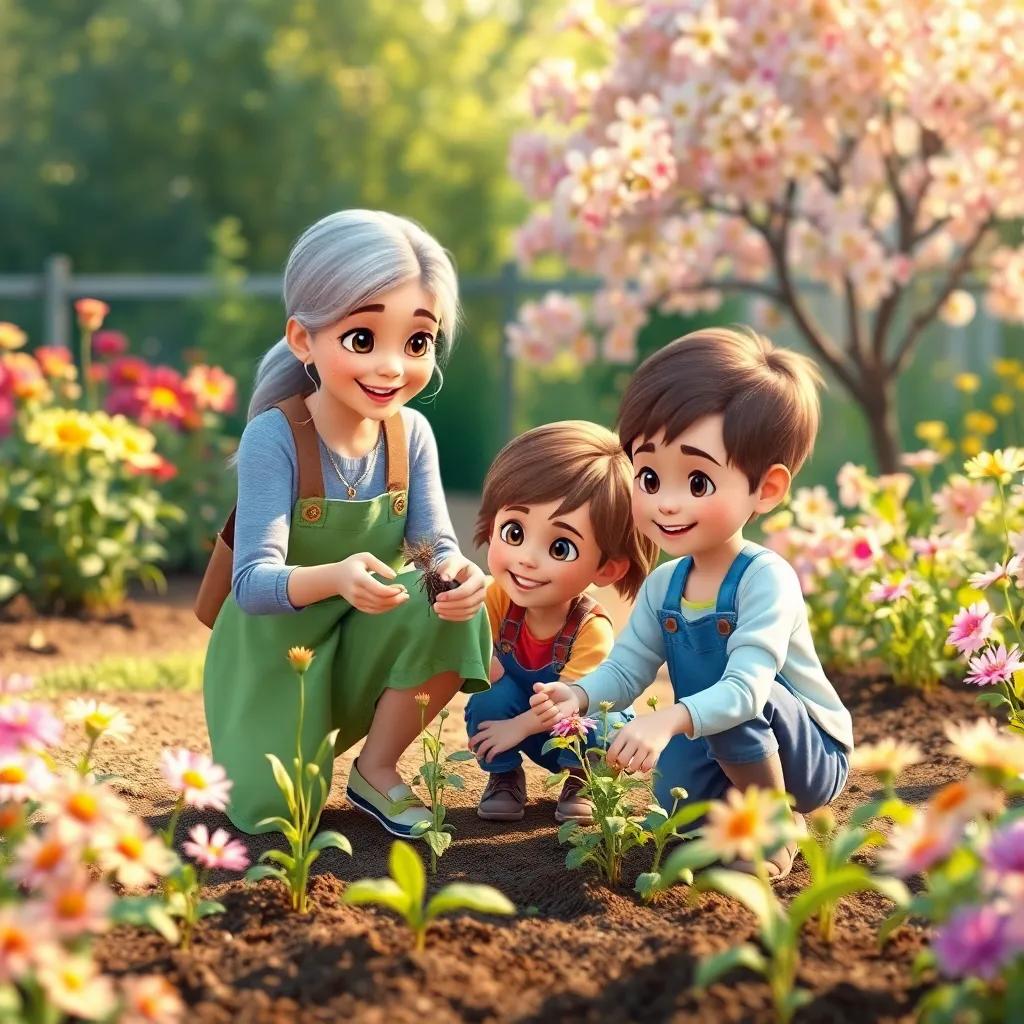 Gilly and children helping to plant seeds and pull out weeds together, enjoying each other’s company in a blossoming garden, friendly, warm colors, community spirit, high quality