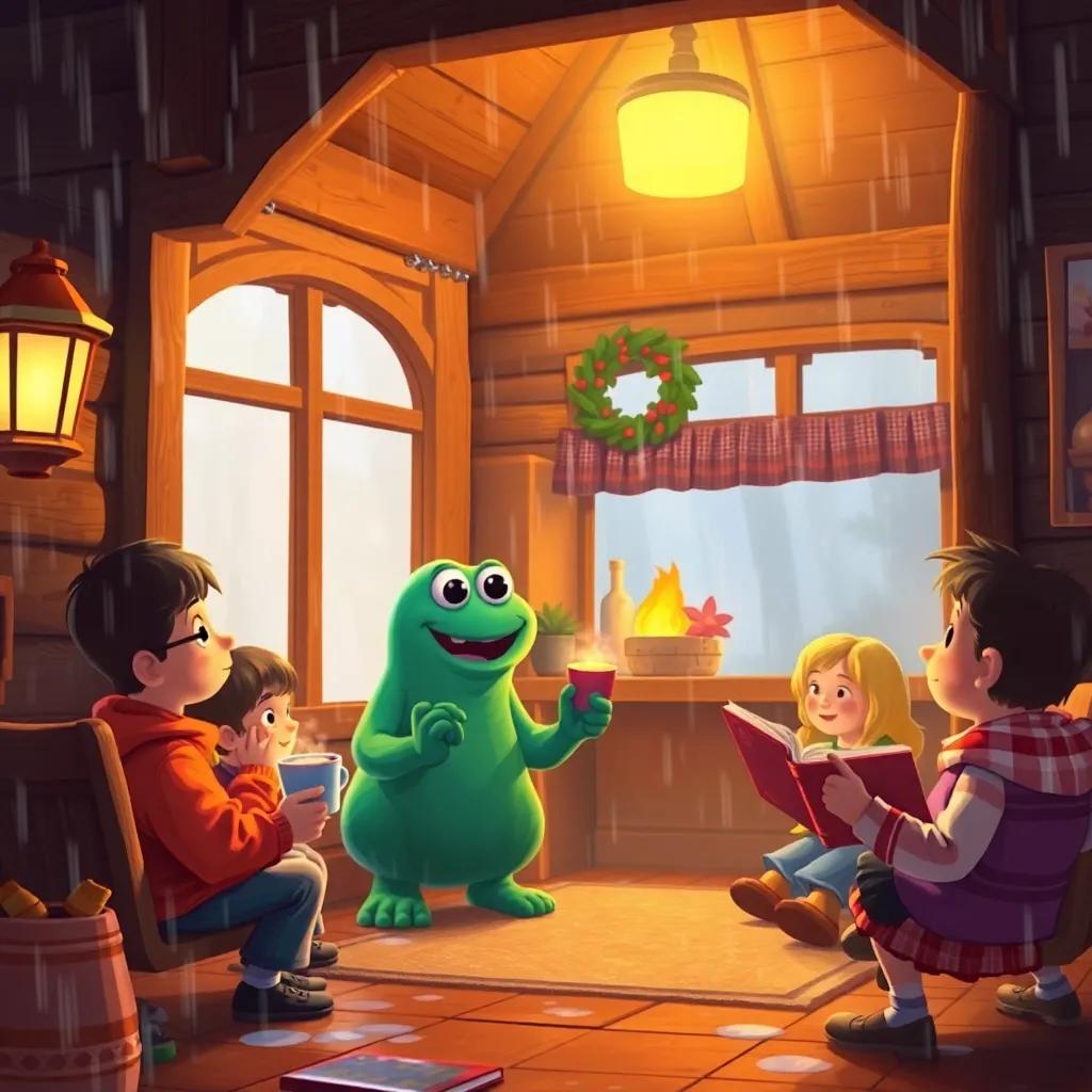 Gilly welcoming children to his cozy house during the rain, serving hot cocoa and telling stories, warm inviting interior, cheerful atmosphere, cozy digital painting