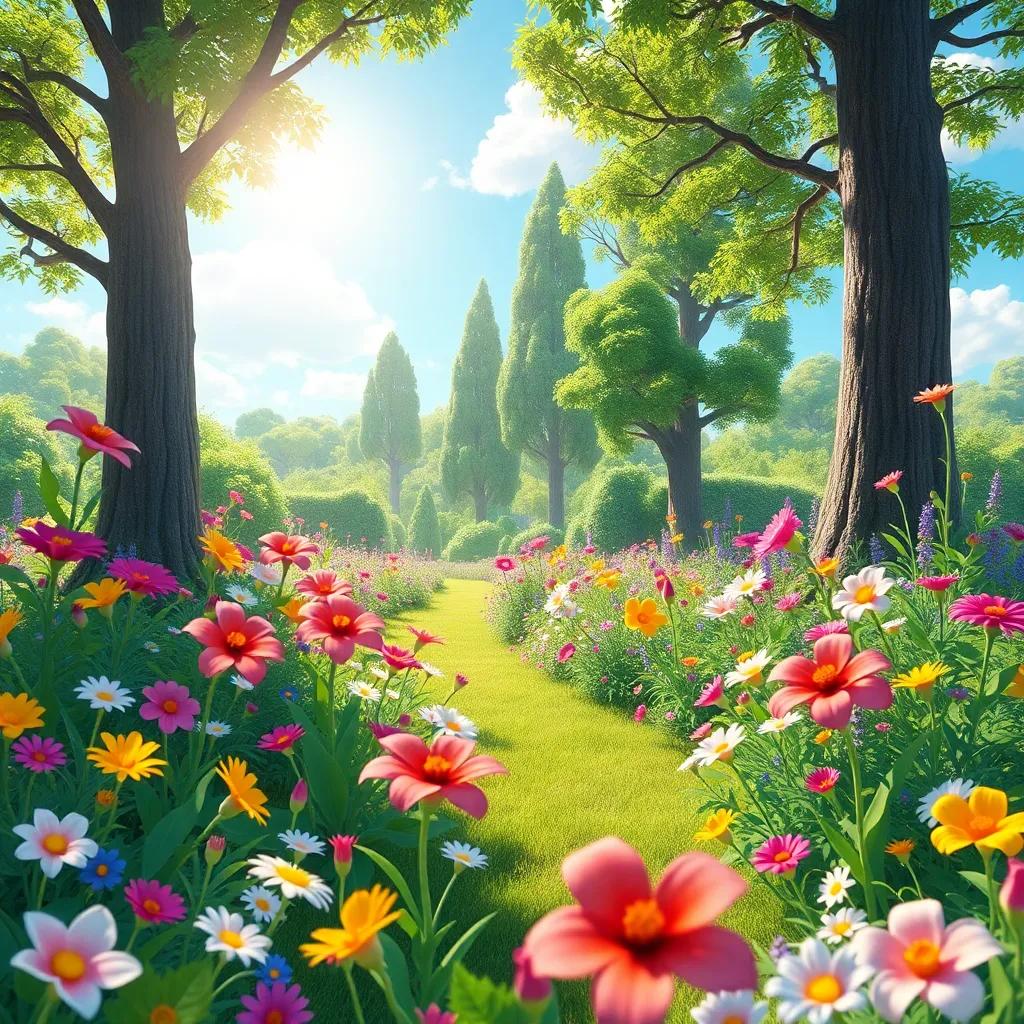 The garden in full bloom with dancing flowers and tall trees under a bright sunny day, vibrant colors, magical feel, detailed illustration, high quality