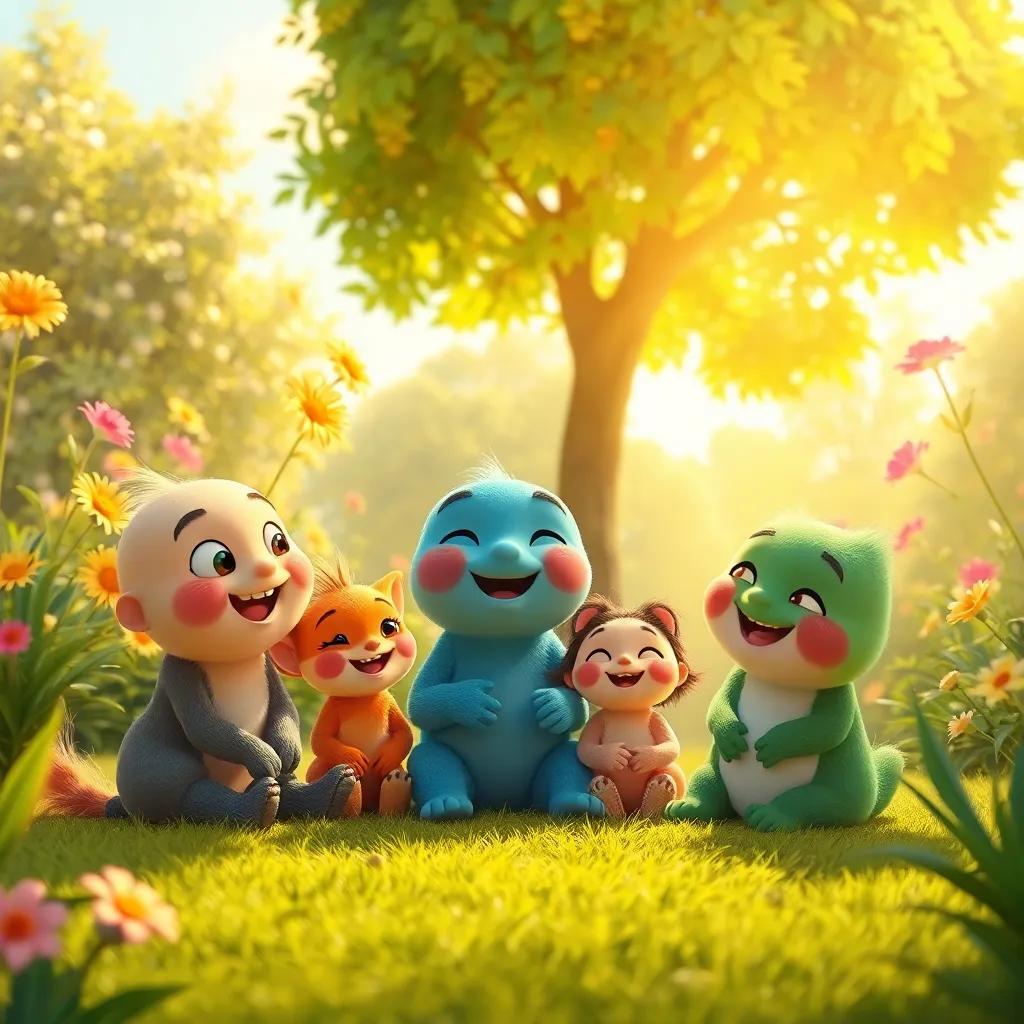 Gilly and his friends enjoying the beautiful garden, sitting together under the sun, feeling happy, warm light, heartwarming scene, child-friendly