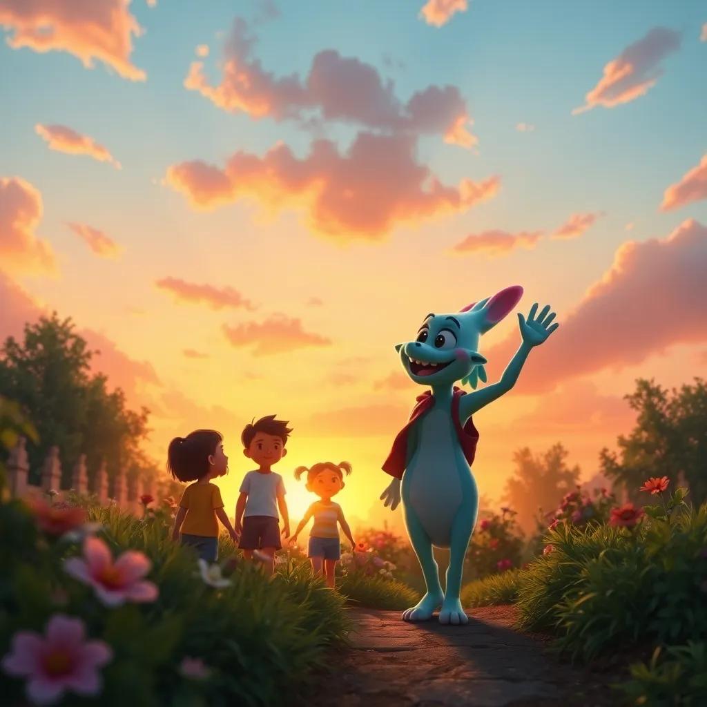 A sunset scene in the garden with Gilly waving goodbye to the children as they leave, colorful sky, peaceful atmosphere, magical look, detailed artwork