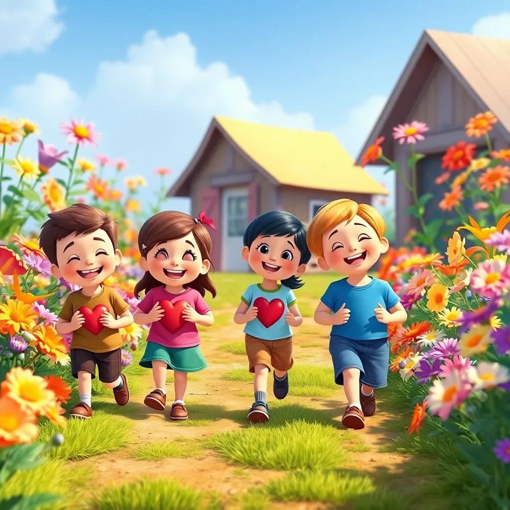 A group of children smiling and walking away from Gilly's garden with hearts full of joy, colorful flowers in the background, leaving a cheerful feeling, vibrant illustration, high quality