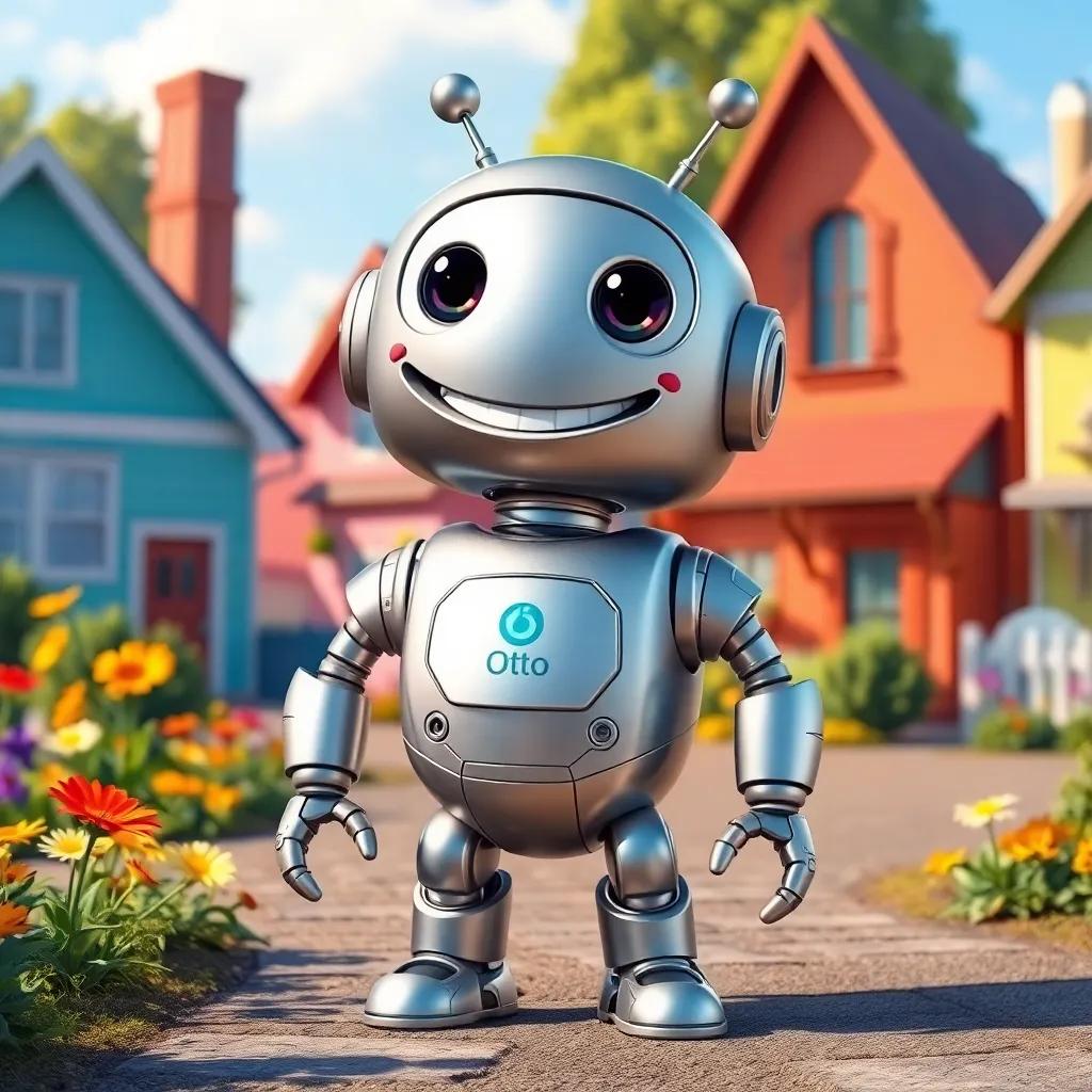 A friendly silver robot named Otto with a big smile, standing in a colorful neighborhood with houses and bright flowers, digital art, cheerful, sunny atmosphere, high quality