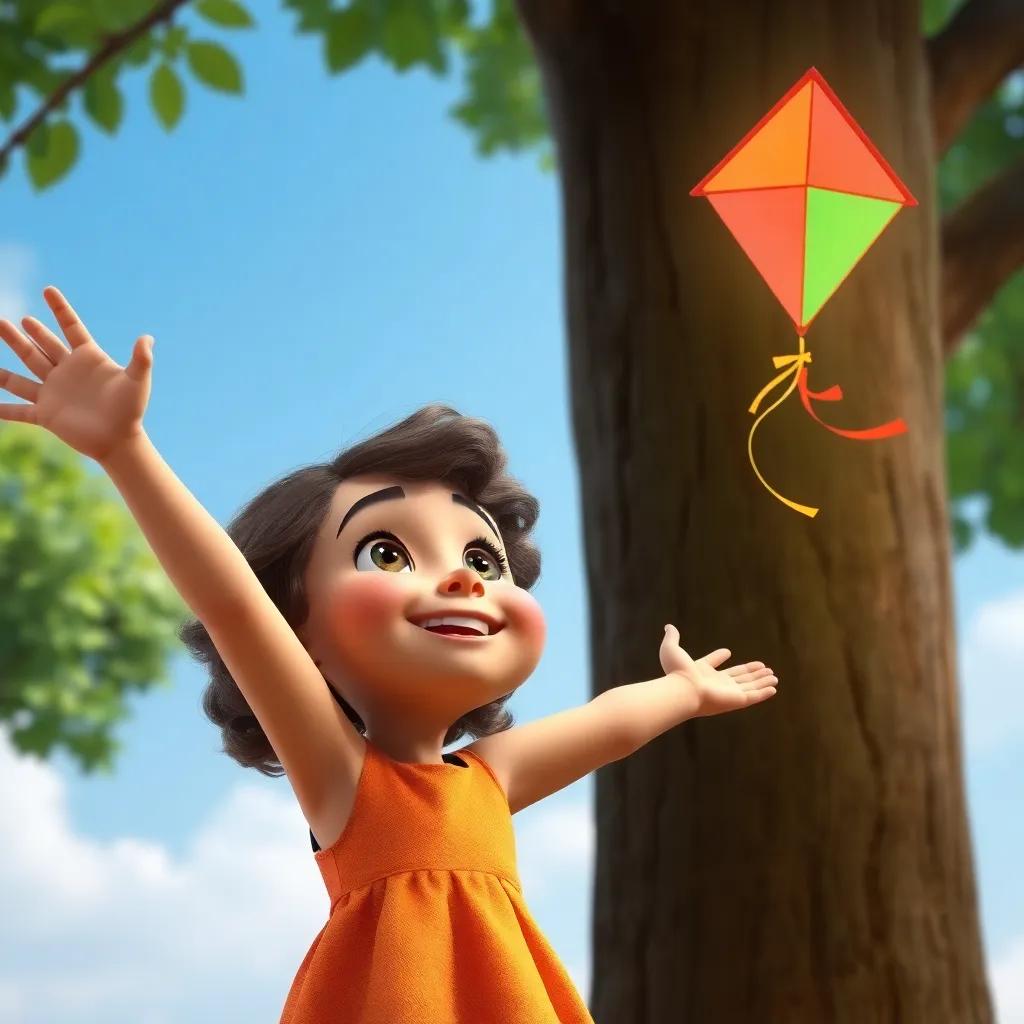A little girl, Mia, with curly hair and wearing a bright dress, looking up happily at Otto as he extends his arms to rescue a colorful kite stuck in a tree, vibrant colors, joyful expression, close view, high quality