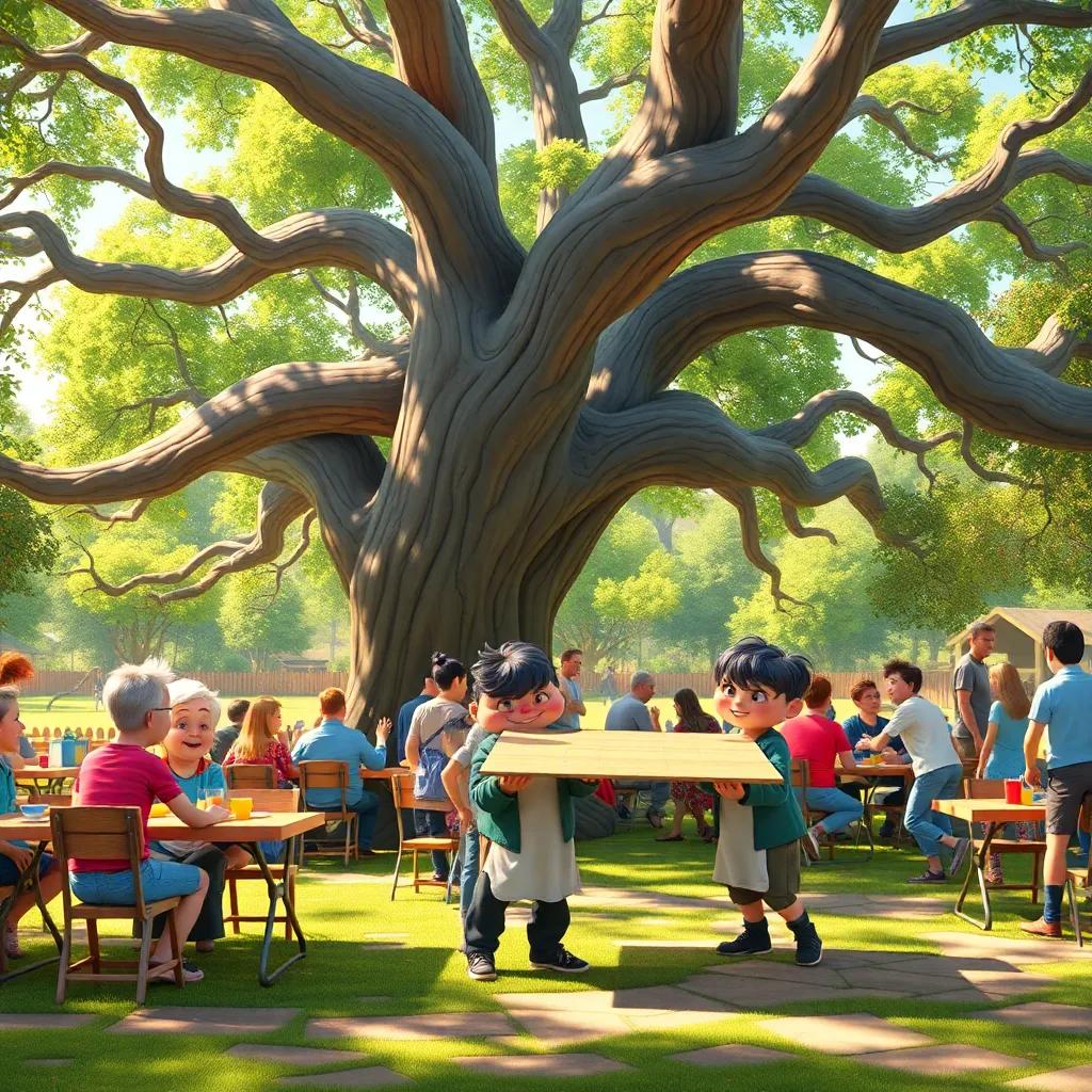 A lively picnic scene under a large oak tree with people setting up tables and chairs, Otto helping by carrying a table with a big smile, bright colors, cheerful, playful atmosphere, high quality