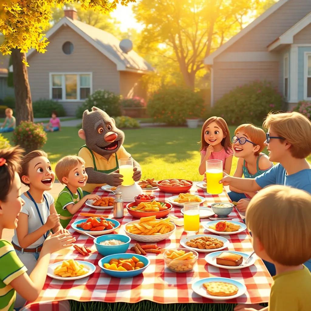 A group of neighbors enjoying picnic food with laughter and games, Otto serving lemonade to happy children and adults, colorful dishes spread out, warm golden sunlight, friendly vibe, high quality