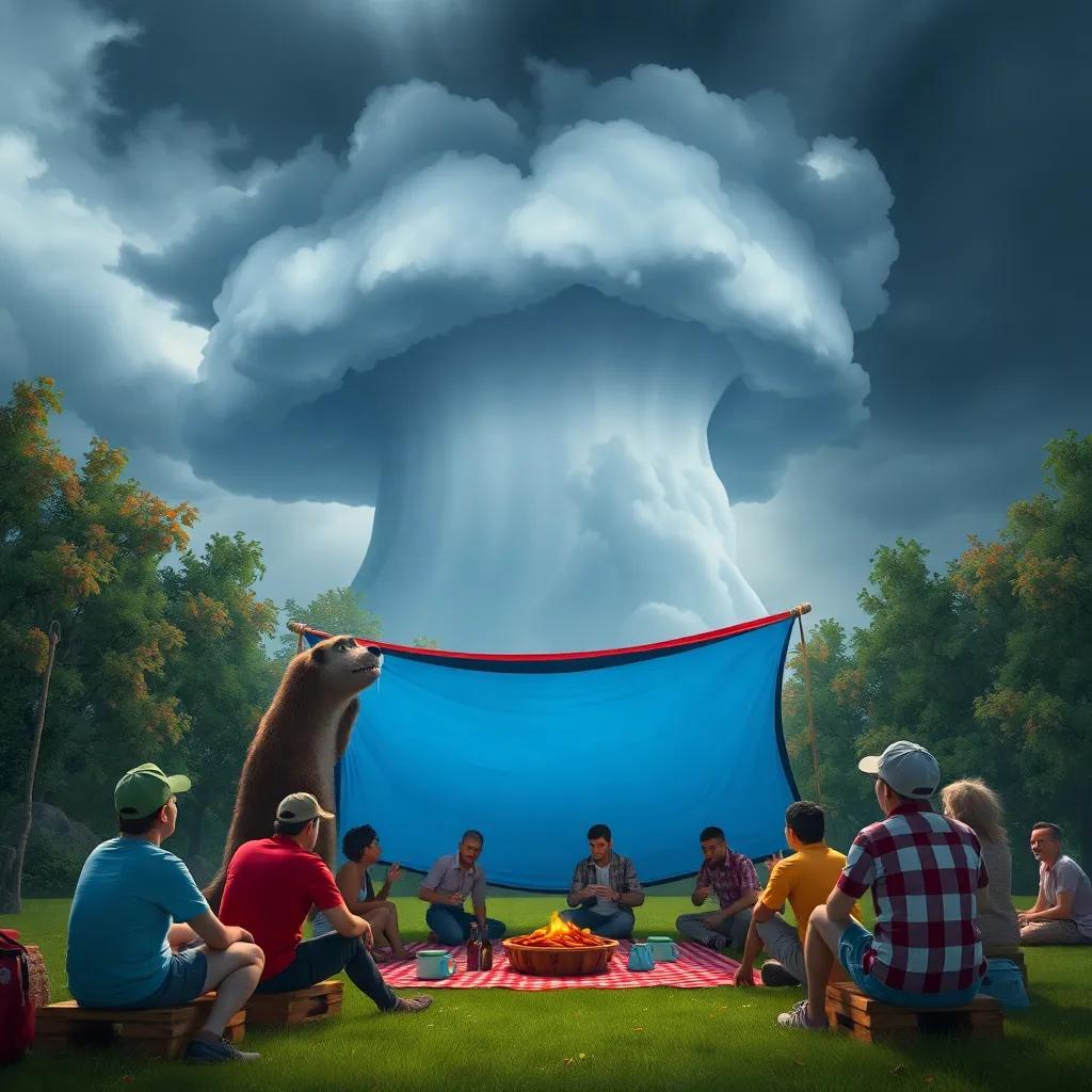 A sudden storm cloud forming above the picnic, with Otto quickly assembling a large tarp over the people, showing teamwork and efforts to stay dry, dramatic yet friendly scene, high quality