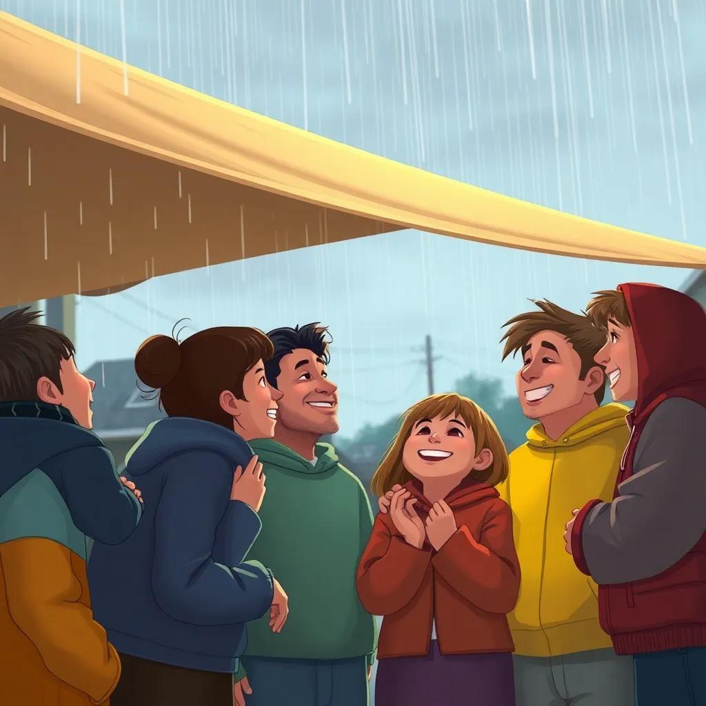 Neighbors huddled under a tarp watching rain drop, laughing and sharing stories, the colors of their clothes bright in contrast with the gray sky, heartwarming and cozy atmosphere, high quality