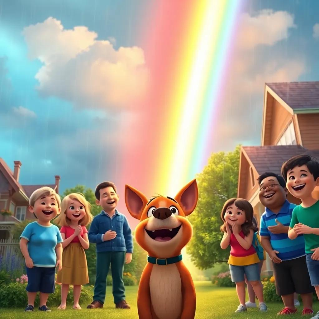 A stunning rainbow appearing in the sky after the rain, neighbors smiling and cheering with Otto in the foreground, bright colors, joyful celebration, uplifting scene, high quality
