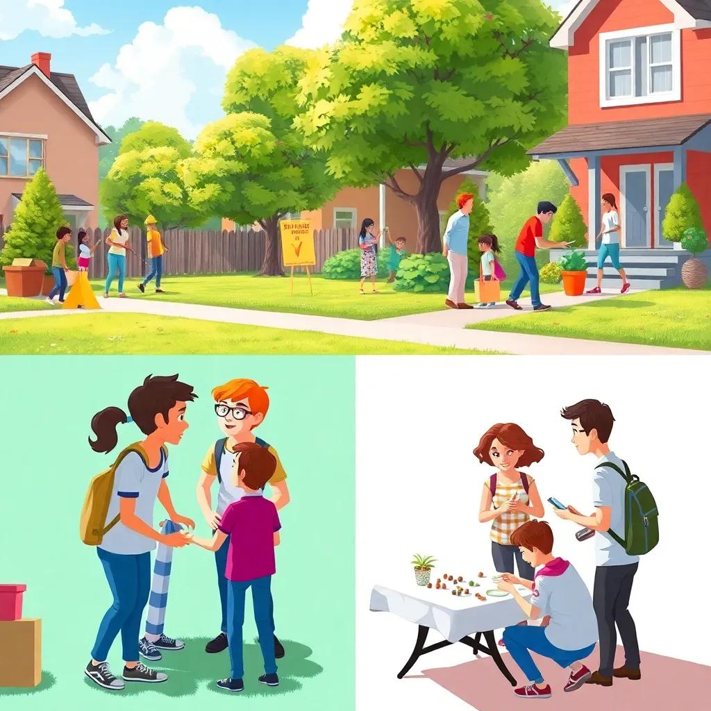 A set of activities organized by neighbors, like clean-up day and game night, showing teamwork and involvement, vibrant community scene, lively and cheerful, high quality