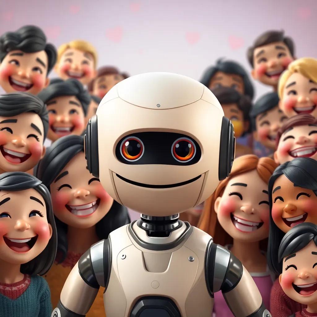 A portrait of Otto, the friendly robot, surrounded by happy neighbors, smiling faces that radiate friendship and unity, colorful background, heartwarming photograph, high quality