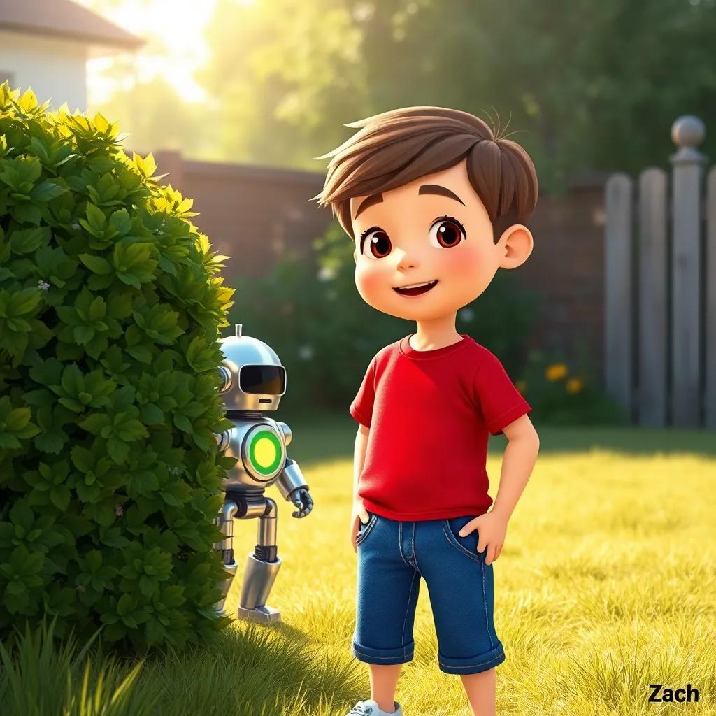 A little boy named Zach, around 11 years old, with short brown hair, wearing a bright red shirt and blue jeans, standing in a sunny backyard, discovering a shiny robot behind a bush, vibrant colors, cheerful atmosphere, digital art, high quality