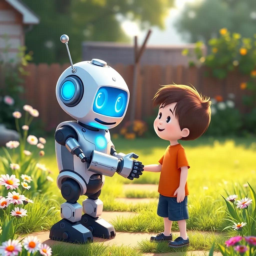 A friendly robot named Robo, with bright blue eyes, metal arms, and a glowing smile, shaking hands with Zach in the backyard, surrounded by flowers and grass, warm light, inviting scene, illustration, high quality