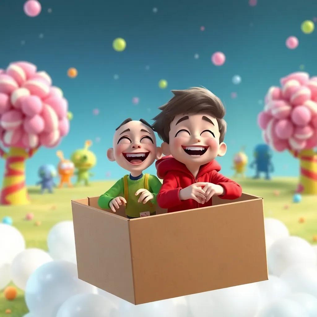 Zach and Robo, smiling and laughing, pretending to fly in a cardboard spaceship made of boxes and sheets, colorful candy trees and friendly aliens in the background, bright colors, imaginative scene, digital painting, high quality