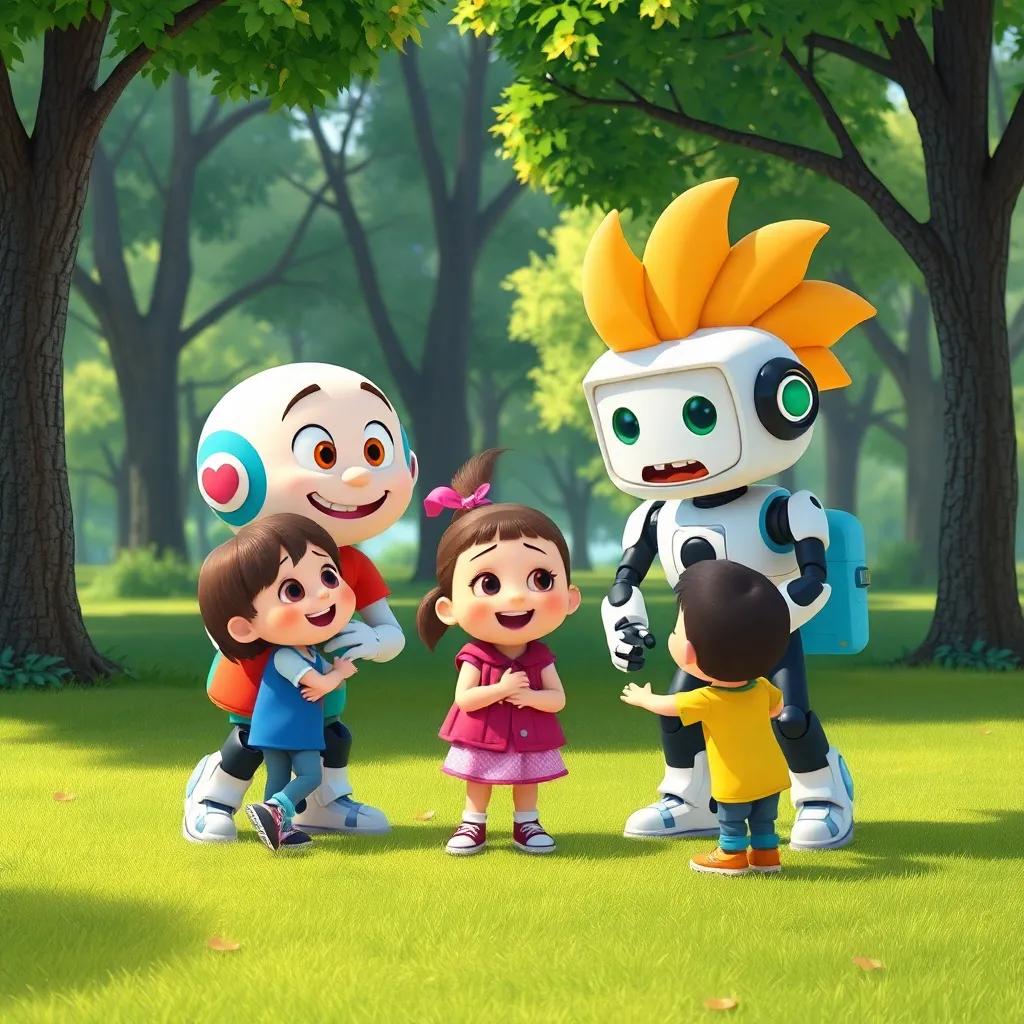 Zach and Robo in a park, encouraging sad kids to play, with happy expressions on their faces, green grass and trees around them, cheerful environment, colorful, heartwarming image, digital art, high quality