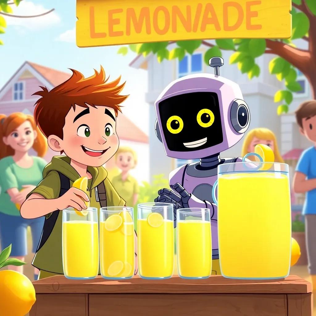 Zach and Robo organizing a lemonade stand with smiles, surrounded by happy neighbors, bright lemonade and warm sun, vibrant colors, community spirit, digital illustration, high quality