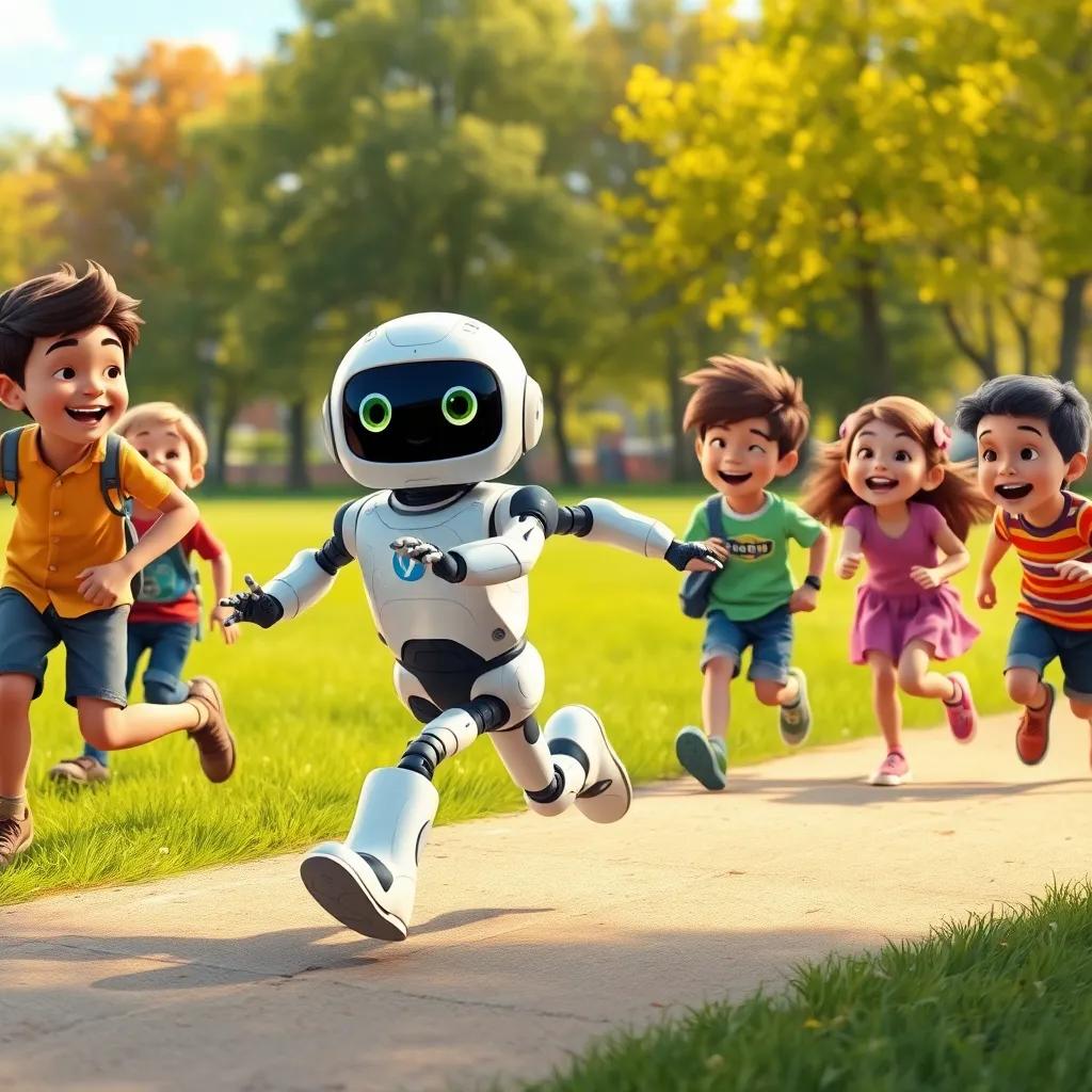 Robo running fast while playing tag with other kids in the park, everyone laughing and enjoying themselves, sunny day, joyful expressions, colorful scene, digital painting, high quality