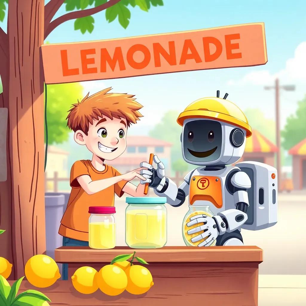 Zach and Robo working together to make lemonade at their stand, with smiles and teamwork, bright colors, inviting scene, illustration, cheerful atmosphere, high quality