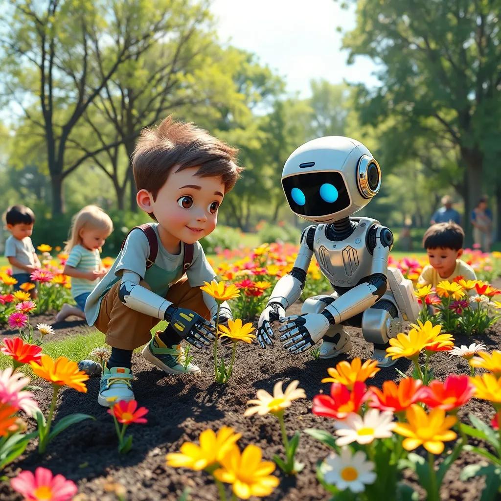 Zach and Robo planting flowers in the park, surrounded by children helping out, colorful flowers, sunny day, sense of community and teamwork, digital art, bright and heartwarming, high quality