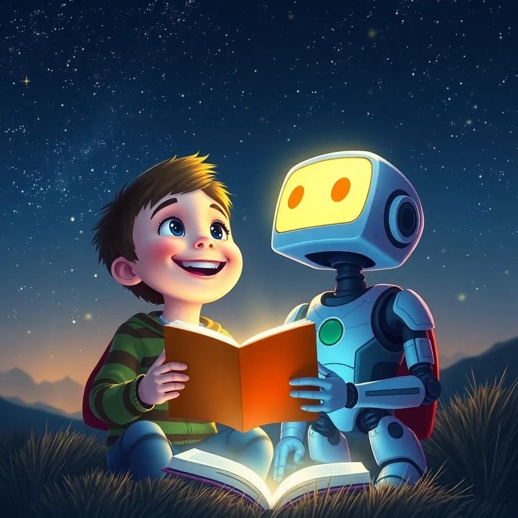 Zach and Robo sharing stories under a starry sky in the evening, looking up at the stars with joy on their faces, warm light, magical atmosphere, digital painting, high quality