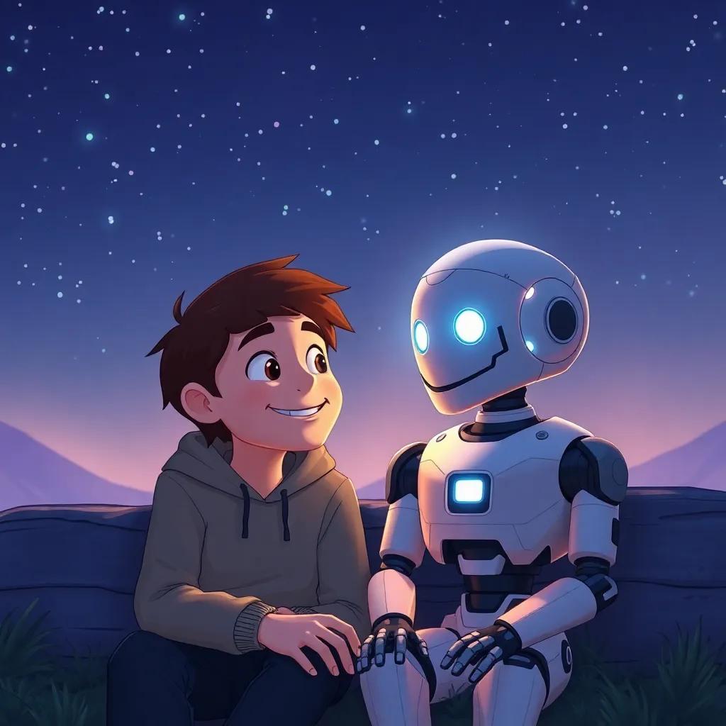 Zach reflecting on his friendship with Robo, smiling as they sit together with the stars above them, cozy atmosphere, strong sense of friendship, digital art, heartwarming scene, high quality