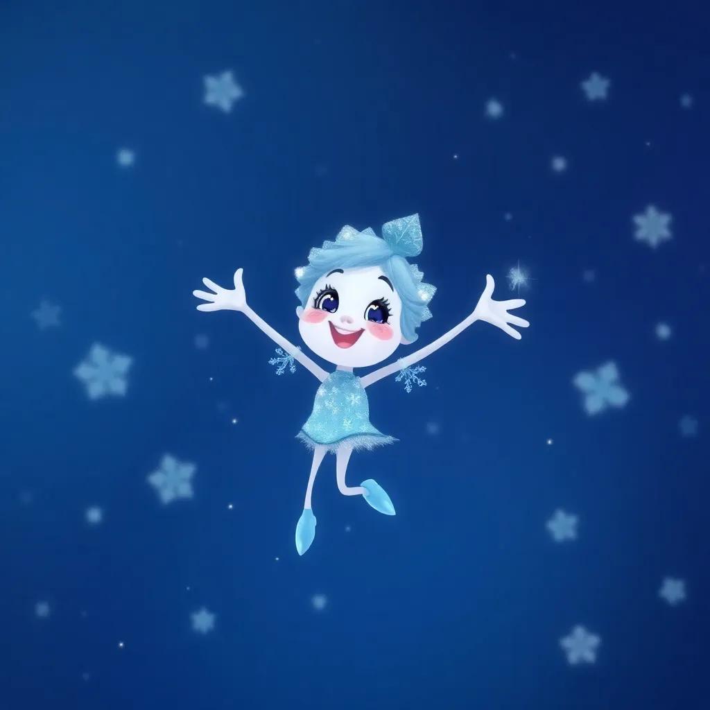 A petite snowflake named Crystal leading the group, with delicate arms and a charming smile, twirling through the night sky, illustration, vibrant, cheerful, child-friendly
