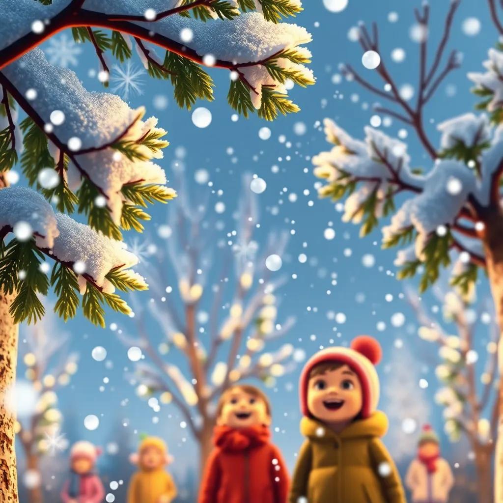 Snowflakes sprinkling on trees, transforming them into sparkling white spectacles, excited children in the background, joyful winter scene, colorful, warm glow, enchanting atmosphere