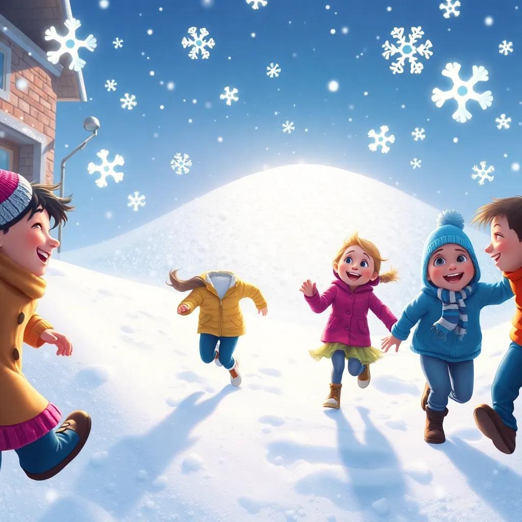 Children rushing outside to a sparkling snow hill, laughter and delight on their faces, surrounded by friendly snowflakes floating above, detailed, captivating, joyful