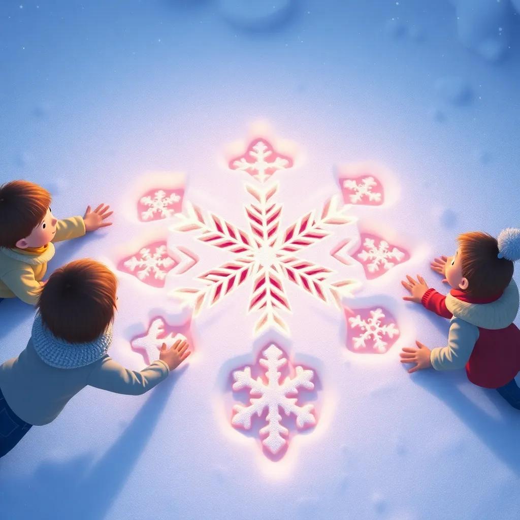 Snowflakes creating snow angels, perfect outlines left in the snow, delighted children around, feeling like angels themselves, heartwarming, magical, charming scene