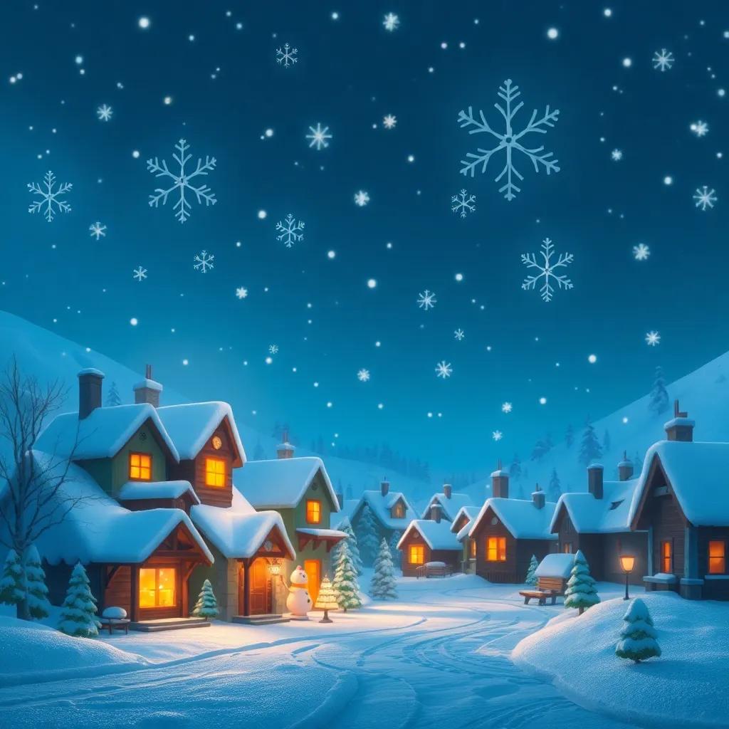 Friendly snowflakes illuminating the village, casting a magical glow over a snowy landscape, twinkling like stars in the night sky, enchanting, captivating, beautiful