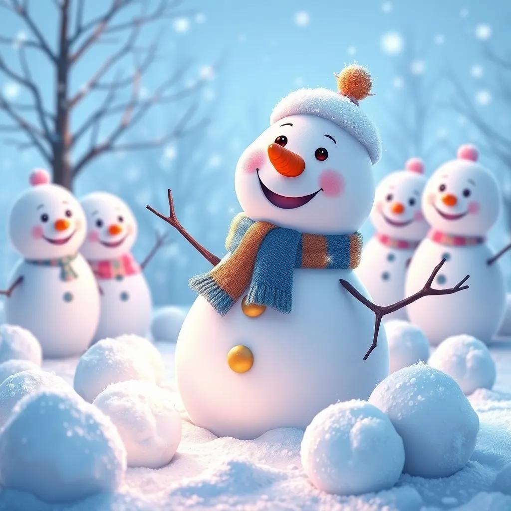 Snowflakes gathering to build a snowman, rolling fluffy snowballs, bright orange carrot nose and sparkling ice scarf, cheerful winter scenery, colorful, joyful, heartwarming